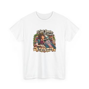 Front of the white unisex t-shirt printed with a blissful reader curled up with an open book and a sleeping cat between tall stacks of old books and the words "I Sat Down For One Chapter. That Was Tuesday."