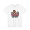 White t-shirt printed on the front with an HR manager in glasses and a black blazer resting her chin on her hand at a cluttered desk with binders, an HR mug, a laptop with sticky notes and a framed desk sign and the words ‘"Hypothetically" Is the Most Expensive Word in My Inbox.’
