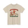Funny running Christmas T-shirt in Sand, front print: Deck the Halls With My Mile Splits, a Santa-hat runner passing an exhausted Santa
