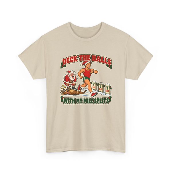 Funny running Christmas T-shirt in Sand, front print: Deck the Halls With My Mile Splits, a Santa-hat runner passing an exhausted Santa