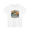 White fishing T-shirt printed with CATCH AND RELEASE MY RESPONSIBILITIES and a bass in a cap and mirrored sunglasses leaping out of a lake with a lure