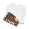 Folded white T-shirt showing "I Track. I Wait. I Miss." hunting graphic