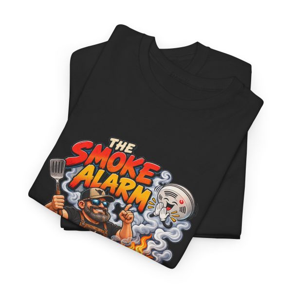 Folded black T-shirt showing "The Smoke Alarm Is Just Applause" BBQ graphic