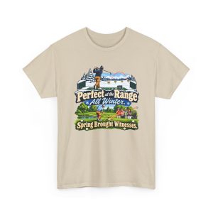 Funny golf T-shirt in Sand, front print: Perfect at the Range All Winter. Spring Brought Witnesses.