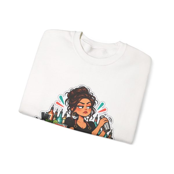 Close-up of the "Yes, I saw you. No, you're not next." bartender design on the sweatshirt