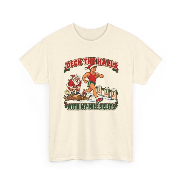 Funny running Christmas T-shirt in Natural, front print: Deck the Halls With My Mile Splits, a Santa-hat runner passing an exhausted Santa
