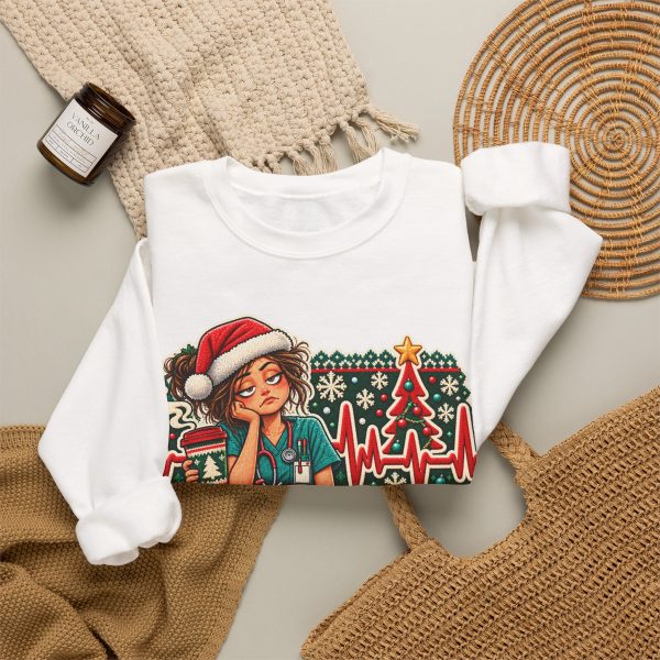 White crewneck sweatshirt with "I've Seen Worse Than This Sweater. Last Night." nurse Christmas graphic, lifestyle flat-lay