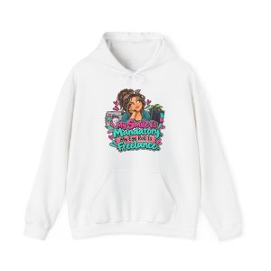 White call center hoodie printed with My Smile Is Mandatory. My Eye Roll Is Freelance and a call center agent with a curly bun
