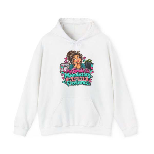 White call center hoodie printed with My Smile Is Mandatory. My Eye Roll Is Freelance and a call center agent with a curly bun