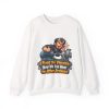 White crewneck sweatshirt printed on the front with a winking bearded mechanic with goggles on his head giving a thumbs-up and cupping his ear while leaning over a blue electric motor and a silver pump and the words "I Fixed the Vibration. Now We Can Hear the Other Problems."