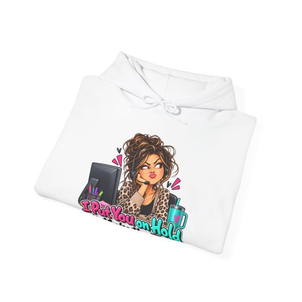 Close-up of the "I Put You on Hold to Make the Face." design on the hoodie