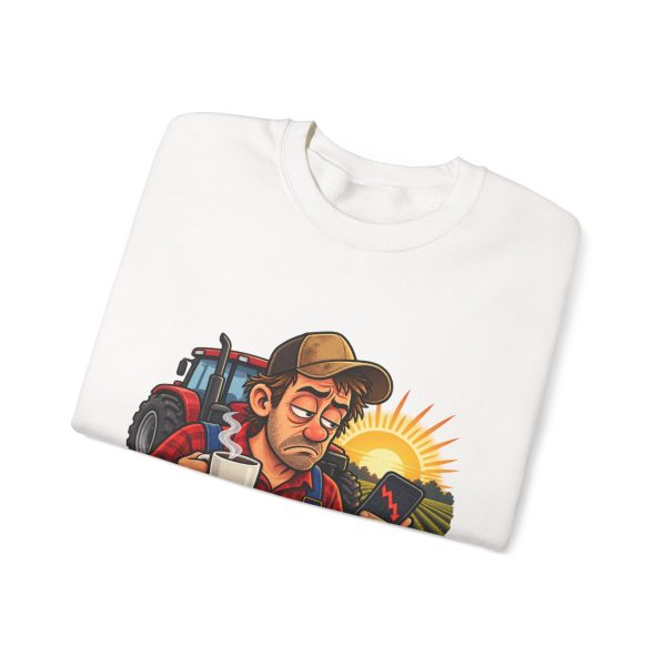 Close-up of the "Up at 4 AM to watch the price drop at 9." farmer design on the sweatshirt