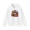 White hoodie printed with "I RUB. I SMOKE. I REST." and a bull in a cap and sunglasses sprinkling dry rub by hand