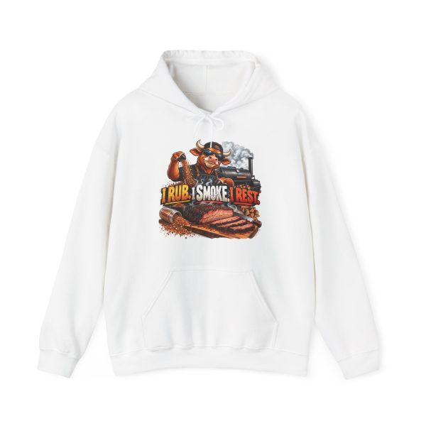 White hoodie printed with "I RUB. I SMOKE. I REST." and a bull in a cap and sunglasses sprinkling dry rub by hand