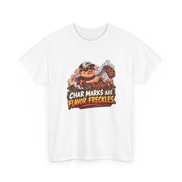 White BBQ T-shirt printed with CHAR MARKS ARE FLAVOR FRECKLES and a grinning pig in sunglasses and a trucker cap flipping a seared, grill-marked steak