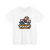 White t-shirt printed on the front with a winking bearded mechanic with goggles on his head giving a thumbs-up and cupping his ear while leaning over a blue electric motor and a silver pump and the words "I Fixed the Vibration. Now We Can Hear the Other Problems."