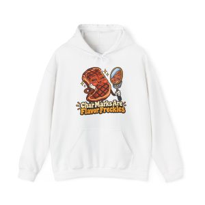 Front of the funny BBQ hoodie printed with "Char Marks Are Flavor Freckles"