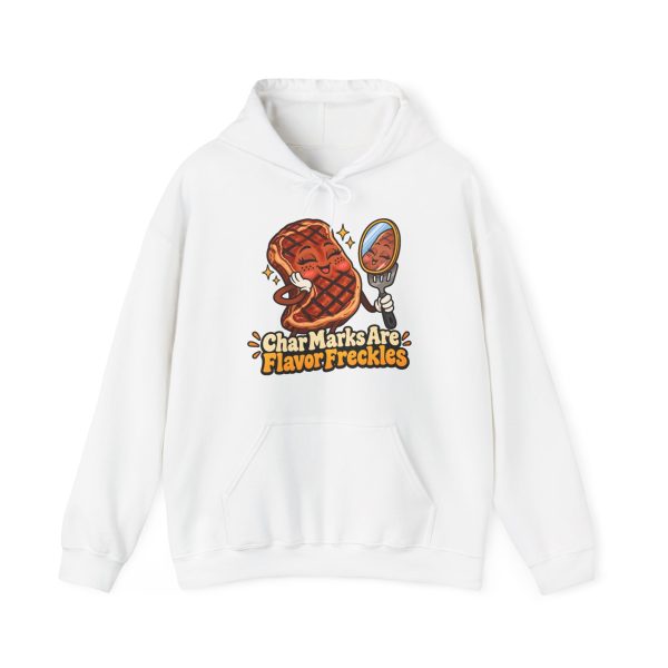 Front of the funny BBQ hoodie printed with "Char Marks Are Flavor Freckles"