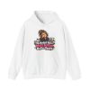 White hoodie printed on the front with a side-eyeing support agent in a black hoodie and headset resting her chin on her hand at a desk with a laptop covered in sticky notes, a mug of pens and a small succulent and the words "My Headset Has a Mute Button. My Face Doesn't."