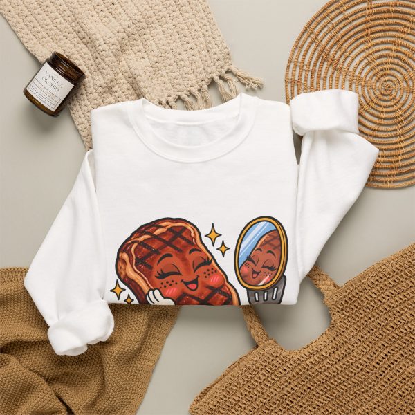 White crewneck sweatshirt with "Char Marks Are Flavor Freckles" BBQ graphic, lifestyle flat-lay
