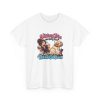 White dog groomer T-shirt printed with The Sanitary Trim Was Going Fine. Then He Sat Down and a wide-eyed groomer with a messy bun