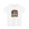 White t-shirt printed on the front with a bewildered homeowner in a green hoodie holding a small change sketch while six grinning tradesmen with tools crowd around him and the words "The Homeowner Changed One Thing. Six Trades Got Involved."