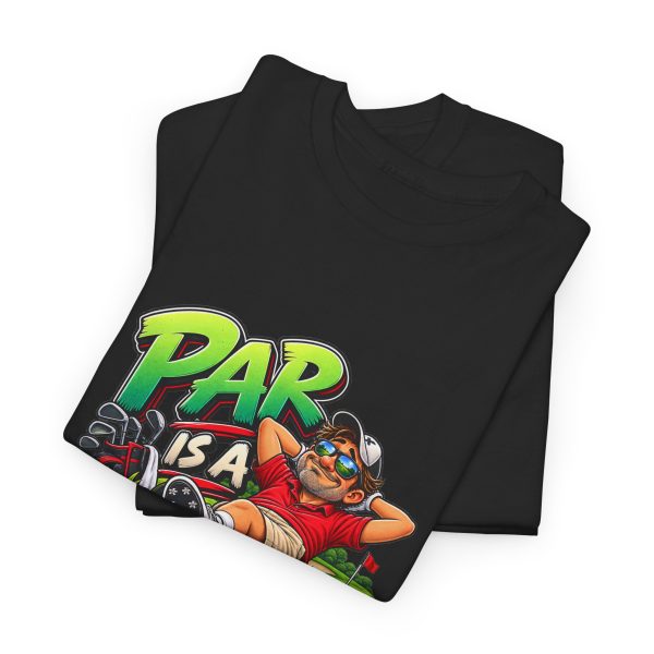 Folded black T-shirt showing "Par Is a Suggestion" golf graphic
