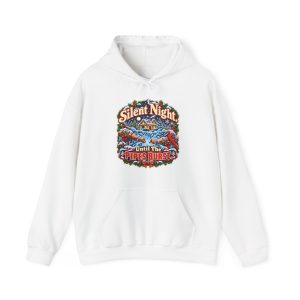 White plumber Christmas hoodie printed with Silent Night. Until The PIPES BURST and a snowy cottage on a starry winter night