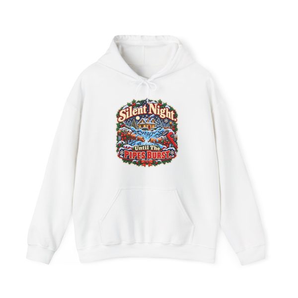 White plumber Christmas hoodie printed with Silent Night. Until The PIPES BURST and a snowy cottage on a starry winter night