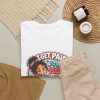 Close-up of the funny deadpan chibi CNA design on the t-shirt reading "I GET PAID TO BE PEED ON. BARELY."