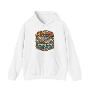 White golf Christmas hoodie printed with This Sweater Is Ugly. You Should See My Golf Swing and a golf club tearing a big divot through the grass
