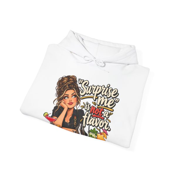 White bartender hoodie folded flat, design on the front