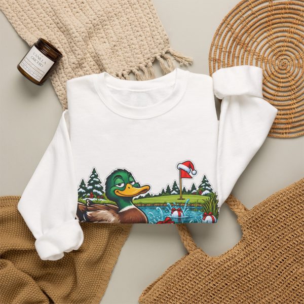 Close-up of the crewneck print showing the mallard, a golf flag in a Santa hat and the "I Got Golf Balls For Christmas. The Lake Says Thanks." lettering