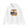 White funny BBQ dad hoodie printed with a dad holding brisket next to a smoker and two kids holding a nugget box