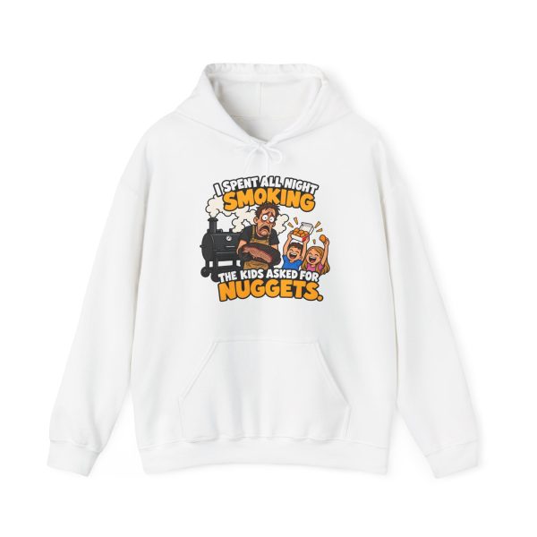 White funny BBQ dad hoodie printed with a dad holding brisket next to a smoker and two kids holding a nugget box