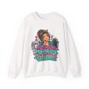 White call center crewneck sweatshirt printed with My Smile Is Mandatory. My Eye Roll Is Freelance and a call center agent with a curly bun
