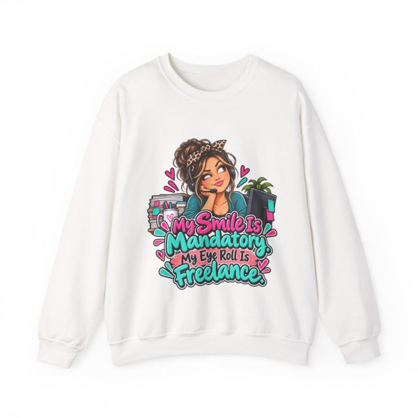 White call center crewneck sweatshirt printed with My Smile Is Mandatory. My Eye Roll Is Freelance and a call center agent with a curly bun