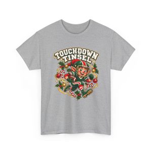 Sport Grey T-shirt with the TOUCHDOWN TINSEL football elf Christmas print, front view