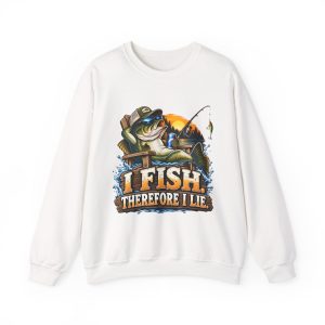 White fishing crewneck sweatshirt printed with I FISH. THEREFORE I LIE and a laid-back bass in a cap and sunglasses lounging in a wooden chair