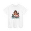 White bookkeeper T-shirt printed with Off by $0.01 and I will find you and a determined bookkeeper with a curly bun peering over her glasses