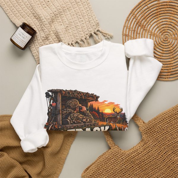 White crewneck sweatshirt printed with "I Track. I Wait. I Miss." and a hunter in a wooden blind