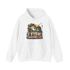 White hoodie printed with "I FISH. THEREFORE I LIE." and a laid-back bass in a cap and sunglasses lounging in a wooden chair