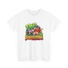 White unisex T-shirt printed with PAR IS A SUGGESTION. and a relaxed golfer in sunglasses lying back by his red golf bag