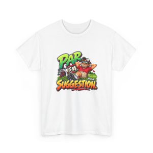 White unisex T-shirt printed with PAR IS A SUGGESTION. and a relaxed golfer in sunglasses lying back by his red golf bag