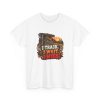 White hunting T-shirt printed with I TRACK. I WAIT. I MISS and a camo hunter watching through binoculars from a wooden blind