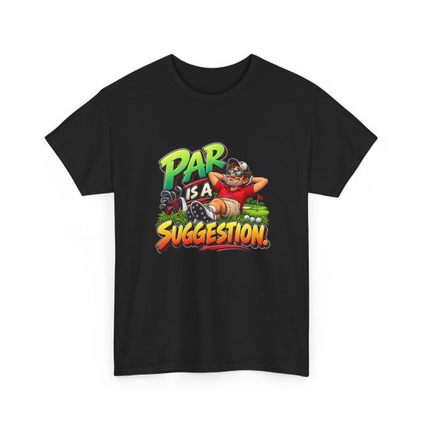 Black T-shirt with "Par Is a Suggestion" golf graphic, front view