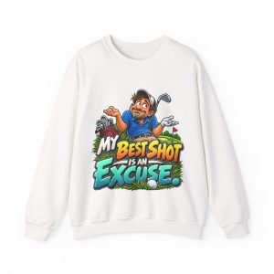 White sweatshirt printed with "MY BEST SHOT IS AN EXCUSE." and a shrugging golfer in a blue polo and white cap, palms up