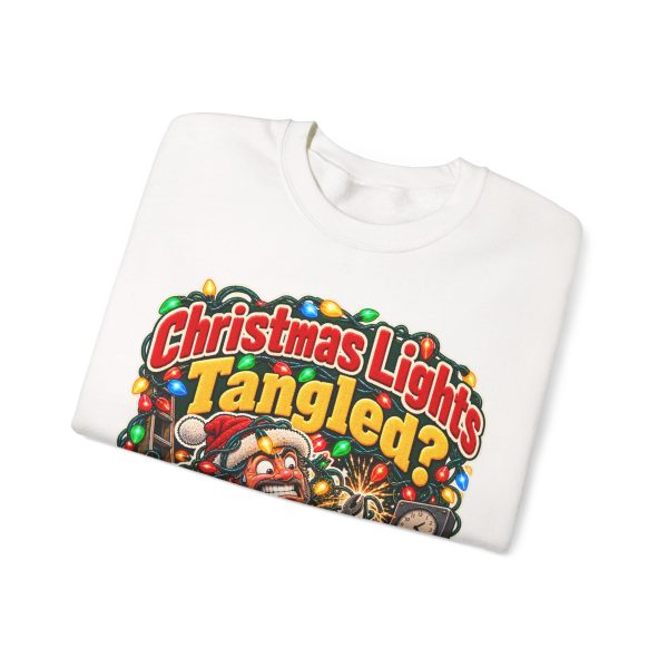 Folded white crewneck sweatshirt showing "Christmas Lights Tangled? That's Overtime" electrician Christmas graphic