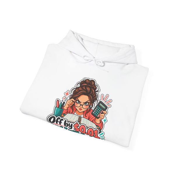 Close-up of the "Off by $0.01 and I will find you." bookkeeper design on the hoodie