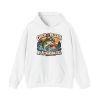 White hoodie printed with "CATCH AND RELEASE MY RESPONSIBILITIES." and a bass in a cap and mirrored sunglasses